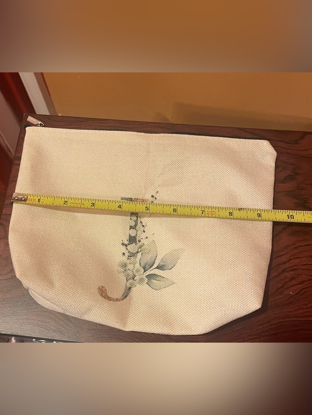 NNW Initial J Canvas Zip Pouch in Cream with Watercolor Green Accent - Picture 6 of 8